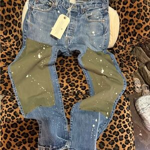 NWT freepeople x Tricia Fix straightleg reworked patched blue jeans; size Medium